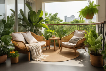 cozy patio balcony, seating area with wicker furniture and many plants