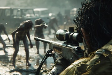world where a sniper's aim is humanity's last hope, battling waves of zombies with each calculated shot - obrazy, fototapety, plakaty