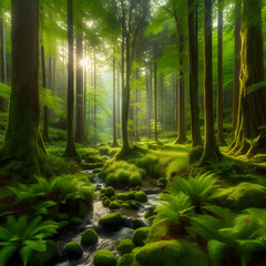 beautiful green forest in the morning