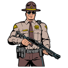 Texas police officer sheriff with shotgun, vector, logo, cartoon, illustration, mascot, character