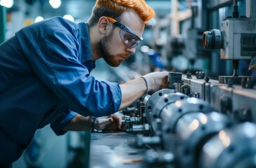 An image capturing a red-haired machinist with protective eyewear meticulously operating a metal lathe, a representation of the precision and focus needed in the industrial engineering field.
