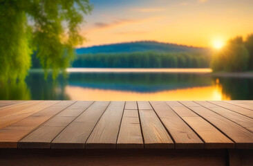 Empty wooden table with copy space for product presentation, against the backdrop of a summer lake and the setting sun. - obrazy, fototapety, plakaty