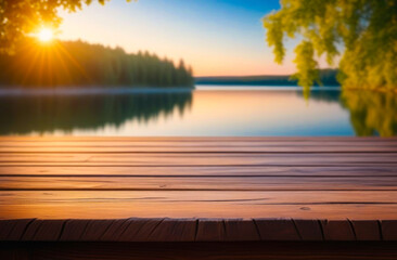 Empty wooden table with copy space for product presentation, against the backdrop of a summer lake and the setting sun. - obrazy, fototapety, plakaty