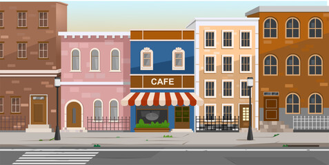 Cartoon of city street with cafe and row of nice houses - obrazy, fototapety, plakaty