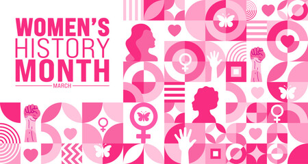 March is Women’s History Month geometric shape pattern  background template with women vector and women icon sign design. use to background, banner, placard, card, and poster design template.