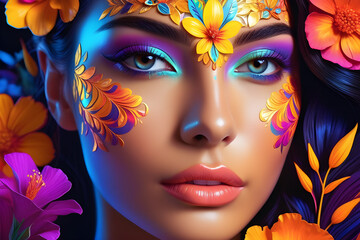 portrait attractive woman skin glowing with floral patterns.