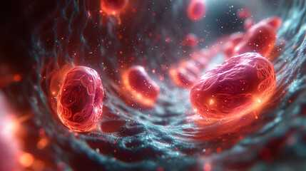 16:9 ratio image, simulation of Hemoglobin inside human blood vessels.