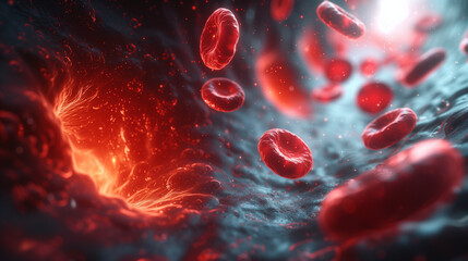 16:9 ratio image, simulation of Hemoglobin inside human blood vessels flowing from wounds caused by accidents or diseases.