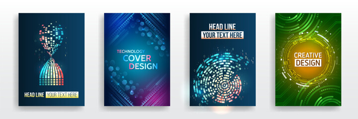 Set of high-tech covers for marketing. Modern technology design for posters. Futuristic background for flyer, brochure. Scientific cover template for presentation, banner. - obrazy, fototapety, plakaty