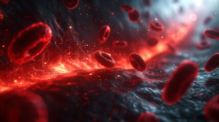 16:9 ratio image, simulation of Hemoglobin inside human blood vessels flowing from wounds caused by accidents or diseases. - obrazy, fototapety, plakaty