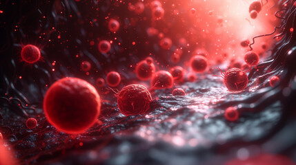 16:9 ratio image, simulation of Hemoglobin inside human blood vessels.
