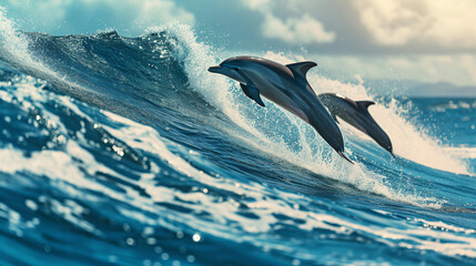 Playful dolphins jumping over breaking waves.
