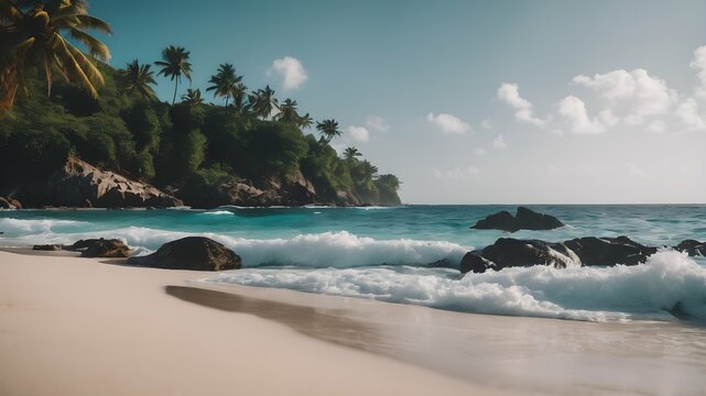 image of a seascape with palm trees and waves. tropical nature