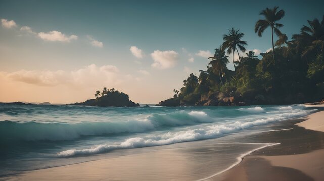 image of a seascape with palm trees and waves. tropical nature