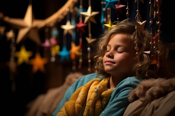 Obraz na płótnie Canvas A young girl with curly hair dreams peacefully amidst a backdrop of twinkling festive lights.