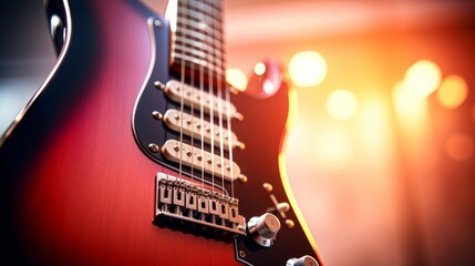 A detailed close-up of a electric guitar's body and strings, highlighted by stage lighting. - obrazy, fototapety, plakaty