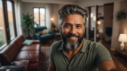 Obraz premium Happy mature Caucasian man taking a selfie portrait at home. Smiling at the camera, space for text