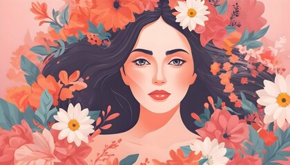 hand-drawn image of a woman with black hair in spring flowers. for International Women's Day on March 8th. feminine beauty, strength and independence
