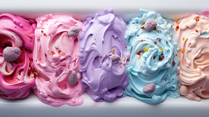 Assorted pastel color ice cream scoops with sprinkles closeup food background