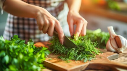 Women's hands chop greens, parsley and dill with a knife on a cutting board at the kitchen table
