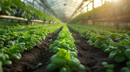A vegetable farm with hydroponic plots lined with rows of bright green plants Demonstration of modern hydroponic technology High angle perspective realistic photography techniques - obrazy, fototapety, plakaty