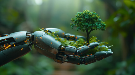 A smart robots hand holds a small virtual world model with trees growing and a background of solar panels or a wind turbine field generating electricity Design guidelines for technological - obrazy, fototapety, plakaty