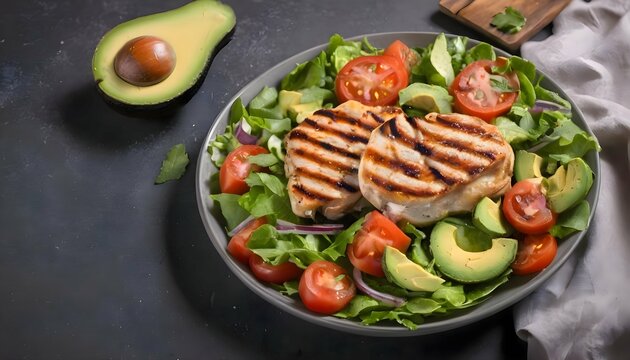 
image of a steak cooked on a barbecue grill in a plate with a salad of avocado, greens and tomatoes. food and cooking