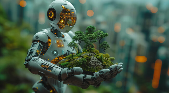 A smart robots hand holds a small virtual world model with trees growing and a background of solar panels or a wind turbine field generating electricity Design guidelines for technological