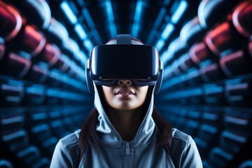 A person immersed in a virtual reality experience on blue lights and motion blur background.