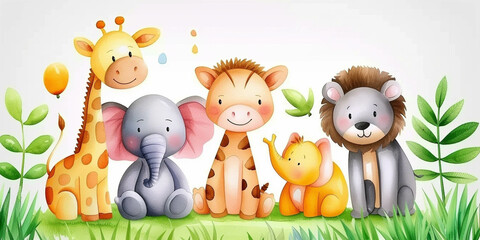 Fototapeta premium colorful wallpaper watercolor for childrens book cover of a green savannah with happy african animals cartoon style green and amber palette