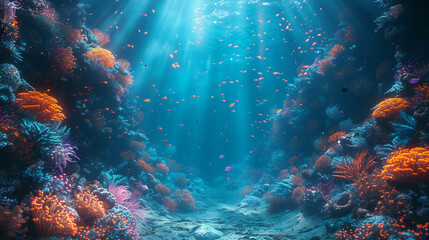 Deep sea exploration theme with bioluminescent creatures and mysterious underwater landscapes