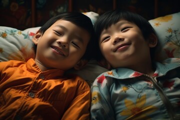 Joyful siblings sharing a moment of laughter while lying head to head on floral patterned background