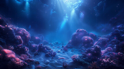 Deep sea exploration theme with bioluminescent creatures and mysterious underwater landscapes