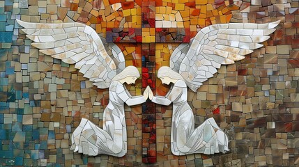 wooden cross with angels on the sides in mosaic style, religious Christian fresco - obrazy, fototapety, plakaty