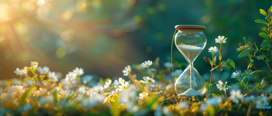 Hourglass in front of a nature background spring and vacation atmosphere time passing environmental issues responsible environmental dates Ecological concept a big copy space - obrazy, fototapety, plakaty