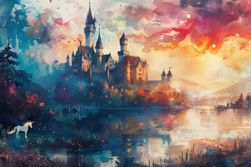 Castle and unicorn in palace wonderland and fairy tale characters, Watercolor illustration