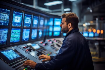 Engineer analyzing complex data on multiple computer screens in a high-tech control room.