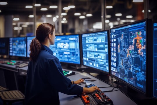 Engineer analyzing complex data on multiple computer screens in a high-tech control room.