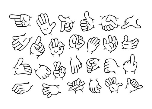 Cartoon gestures line icons set. Character hands.