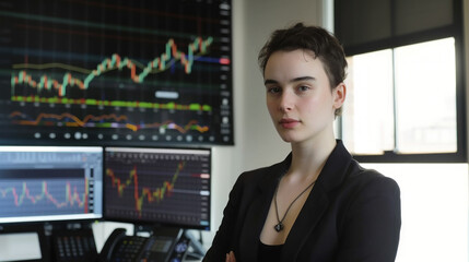 A young, determined female trader stands confidently in a trading room, with detailed stock market charts in the background - obrazy, fototapety, plakaty