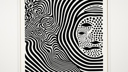 An intricate black and white optical illusion featuring patterned waves.