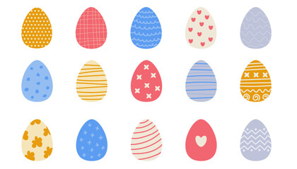 Set of easter eggs. Cute doodle hand drown painted abstract geometric ornament on colorful eggs. Decorated easter eggs collection. Vector illustration in pastel color