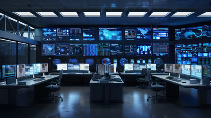 Futuristic command center featuring holographic displays - obrazy, fototapety, plakaty