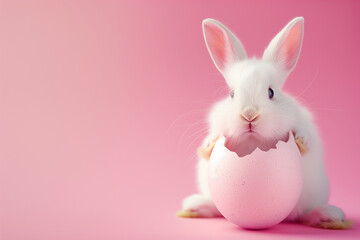 Obraz premium Adorable Easter Bunny Hatching from Pink Egg Happy Easter Banner on Pastel Pink Background