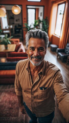 Obraz premium Happy mature Caucasian man taking a selfie portrait at home. Smiling at the camera