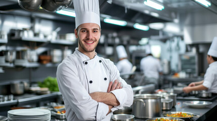 Smiling Caucasian male chef in commercial restaurant kitchen, hands crossed