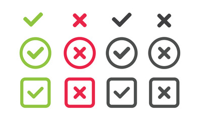Check and wrong icons set of check marks. Green tick, red cross, black tick and cross. Yes or no - Vector