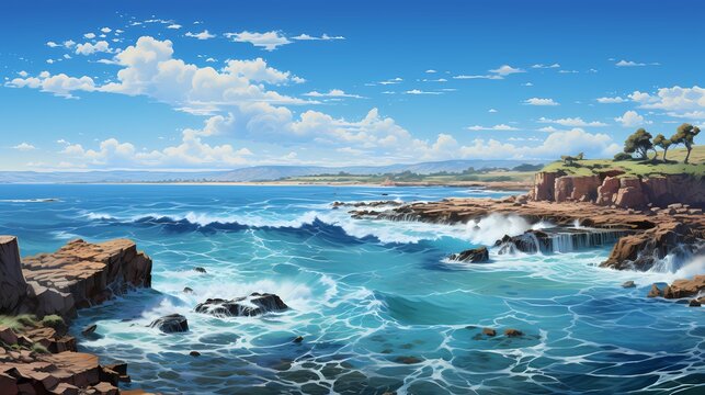 A panoramic view of a vast cobalt blue ocean, with a distant lighthouse standing tall