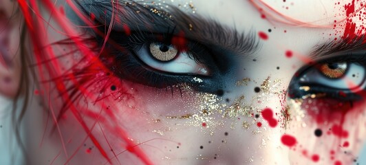 close up woman gold eyes wearing heavy punk style make up, smoky eye with splatter ,  red black color , Generative Ai