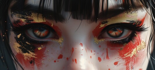 close up woman gold eyes wearing heavy punk style make up with splatter ,  red black color , Generative Ai - obrazy, fototapety, plakaty
